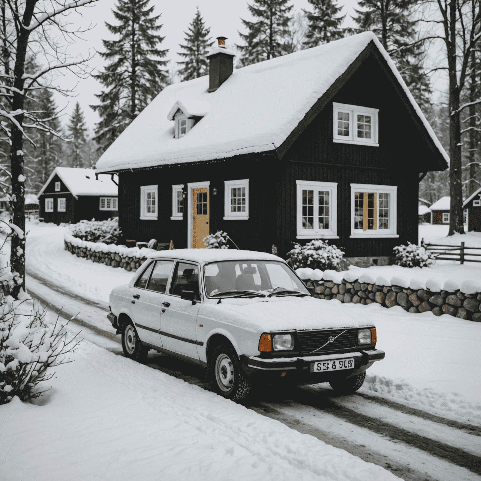 En snötäckt svensk stuga med en bil parkerad utanför, som belyser behovet av vinterspecifik försäkring